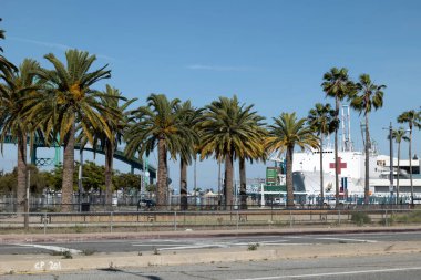 Los Angeles, CA / USA - 19 Nisan 2020: USNS Mercy hastane gemisi, COVID-19 salgını sırasında Vincent Thomas Köprüsü 'nün yanındaki Los Angeles limanına yanaştı