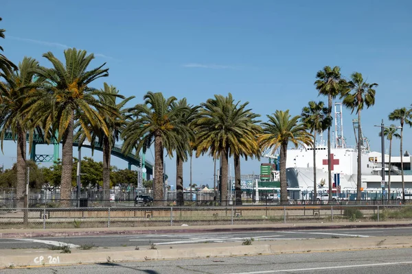Los Angeles, CA / USA - 19 Nisan 2020: USNS Mercy hastane gemisi, COVID-19 salgını sırasında Vincent Thomas Köprüsü 'nün yanındaki Los Angeles limanına yanaştı