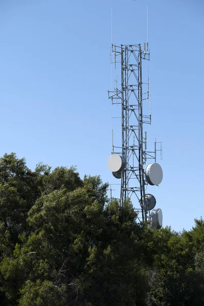 A large communications behind trees on a hillside`