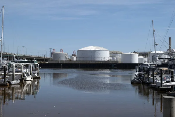 Crude oil and chemical storage tanks on the docks in Los Angeles harbor