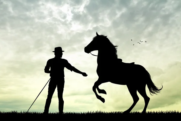 Człowiek z konia na zachód słońca — Zdjęcie stockowe