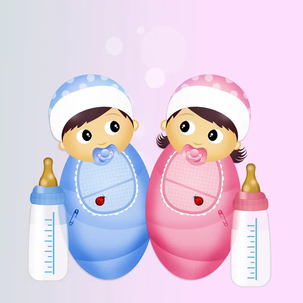 Babies with baby bottle — Stock Photo, Image