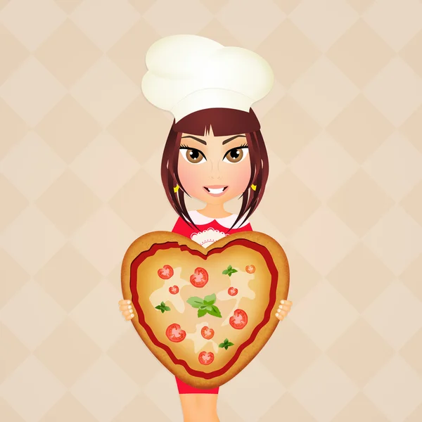 Menina com forma de coração pizza — Fotografia de Stock