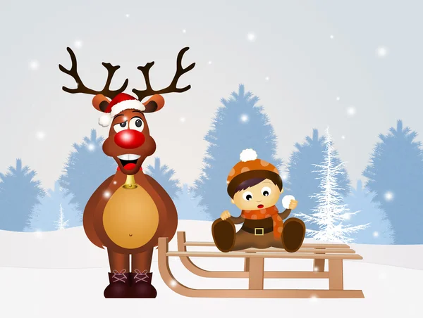 Reindeer and child in winter — Stock Photo, Image