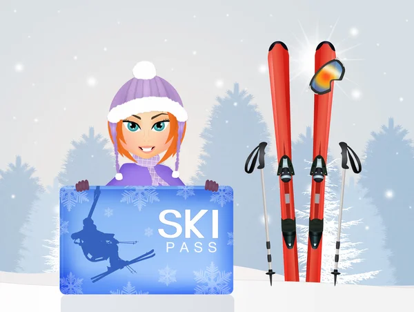 Meisje skiër met skipas — Stockfoto