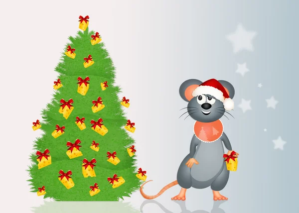 マウスは、チーズとクリスマス ツリーを飾る — ストック写真