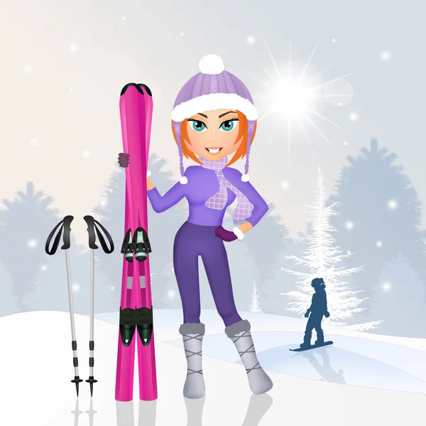 Girl with ski in winter — Stock Photo, Image