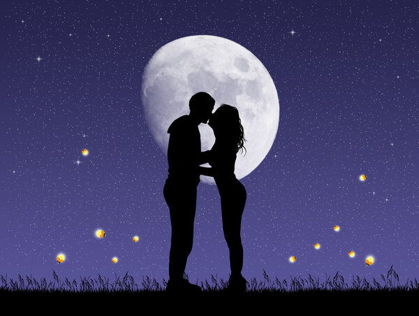 Illustration of couple kissing with fireflies