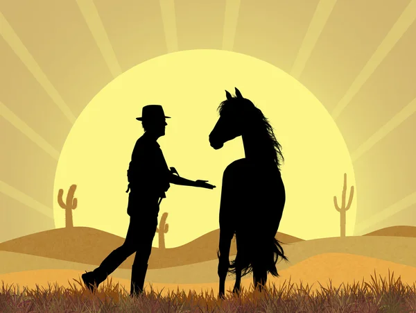 Cow boy and horse in the desert — ストック写真