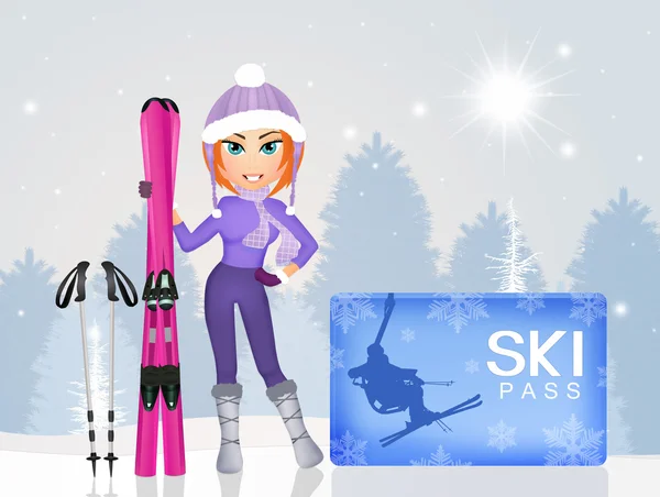 Girl skier with skipass — Stock Photo, Image