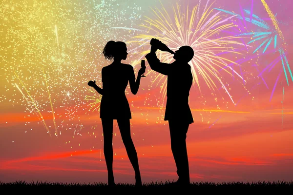 Neujahrs-Toast mit Feuerwerk-Explosion — Stockfoto