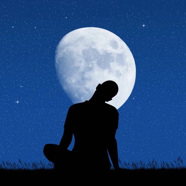 Člověk dělá jógu v měsíčním světle — Stock fotografie