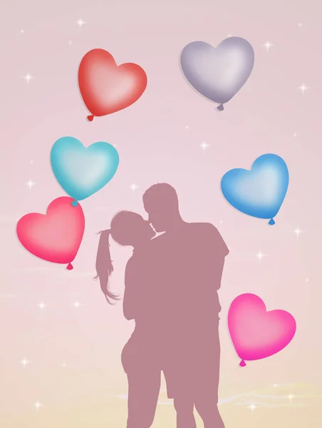 Pareja enamorada de corazones globos —  Fotos de Stock