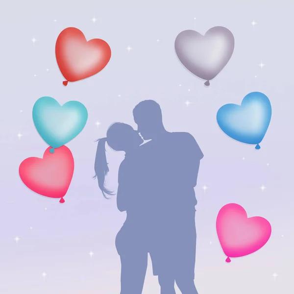 Pareja enamorada de corazones globos —  Fotos de Stock