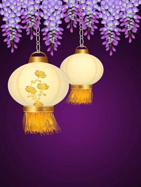 Chinese lanterns and wisteria flowers — Stock Photo, Image