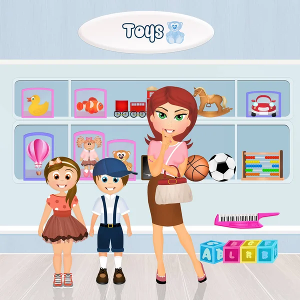 Anya és a gyerekek a játékok Store — Stock Fotó