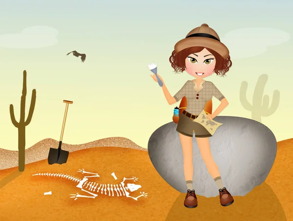 Girl archaeologist discovers fossils — Stock Photo, Image