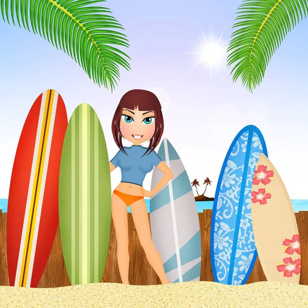 Fille avec planche de surf sur la plage — Photo