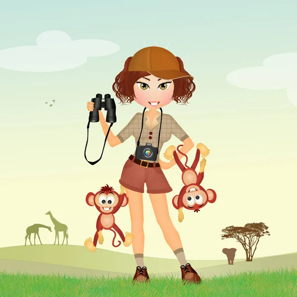 Menina no zoológico com macacos — Fotografia de Stock