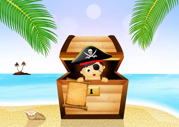 Bebê pirata no baú do tesouro na praia — Fotografia de Stock