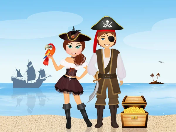 Pirates couple on the island — Stock Photo, Image