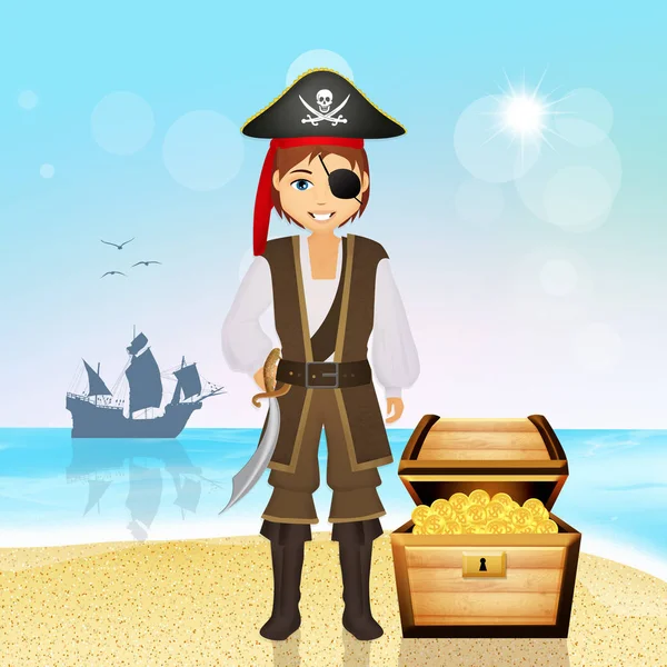 Piratenmann mit Schatz auf der Insel — Stockfoto