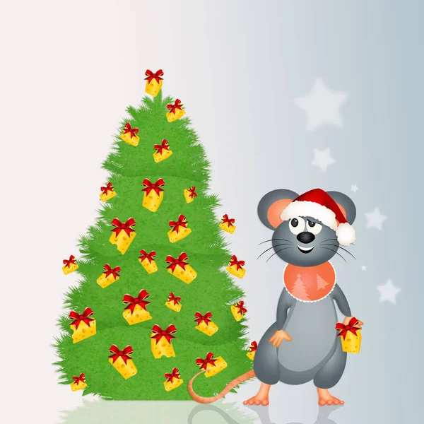 Mouse decorates the Christmas tree with cheese — Stock Photo, Image