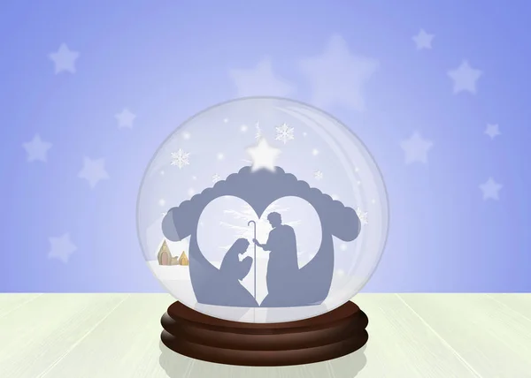 Christmas Nativity scene in the crystal ball — Stock Photo, Image