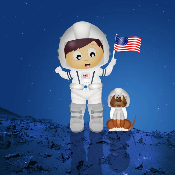 Дитячий космонавт з цуценям — стокове фото