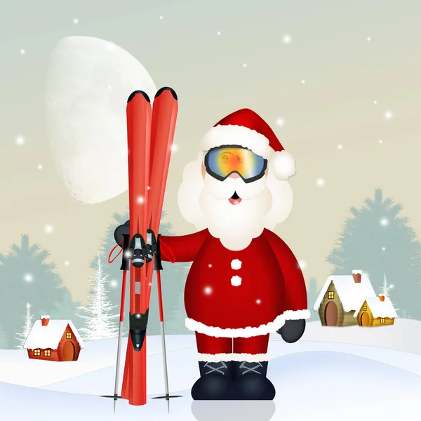 Санта-Клаус с лыжами — стоковое фото