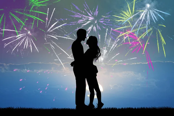 People kissing in the fireworks — Stock Photo, Image