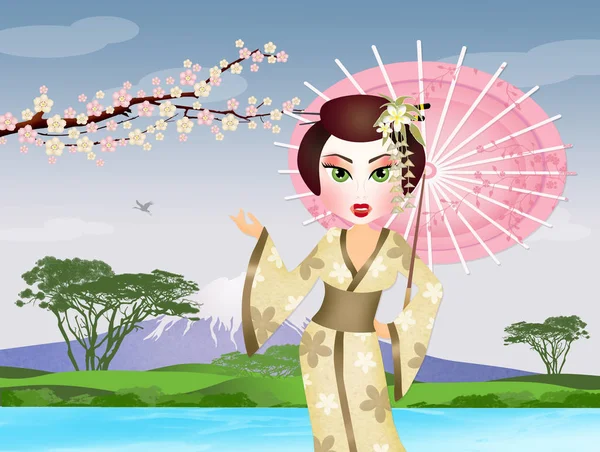 Японские гейши с зонтиком — стоковое фото
