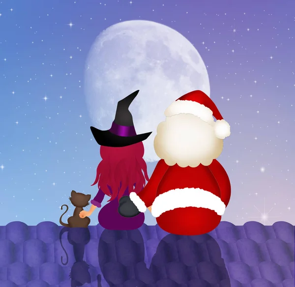 Santa Claus and witch on roof — Stock Photo, Image