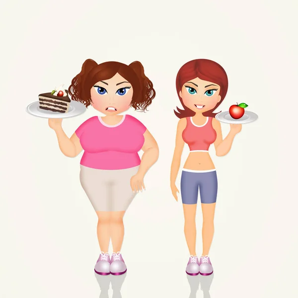 Sobrepeso menina e magro menina — Fotografia de Stock