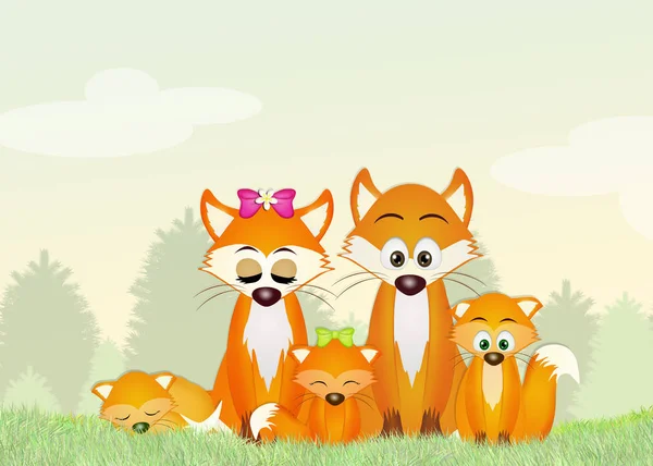 红狐狸在森林里的家庭 — 图库照片