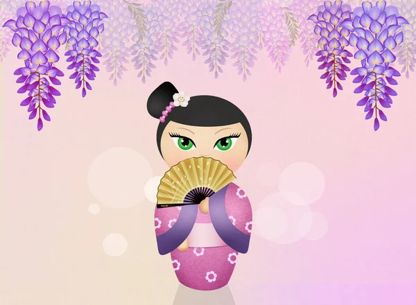 Bambola di Kokeshi e fiori di glicine — Foto Stock