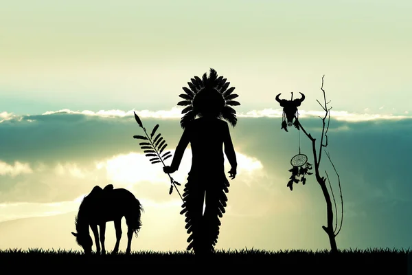 Native american indian bij zonsondergang — Stockfoto