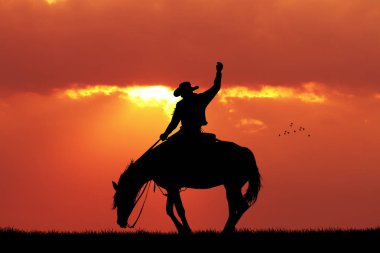 rodeo cowboy silhouette at sunset clipart