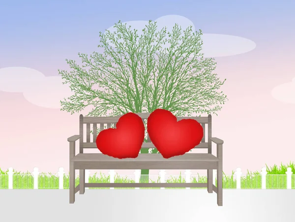 Pillows heart on bench — Stock Photo, Image