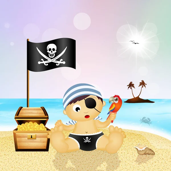 Bebê pirata com baú de tesouro — Fotografia de Stock