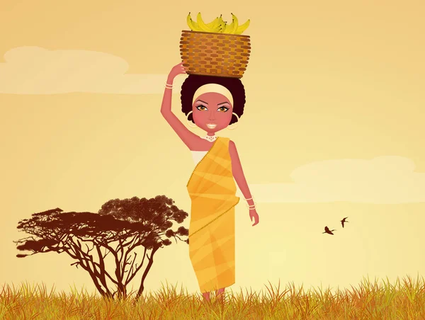 Afrikaanse vrouw met bananen in Afrikaanse landschap — Stockfoto