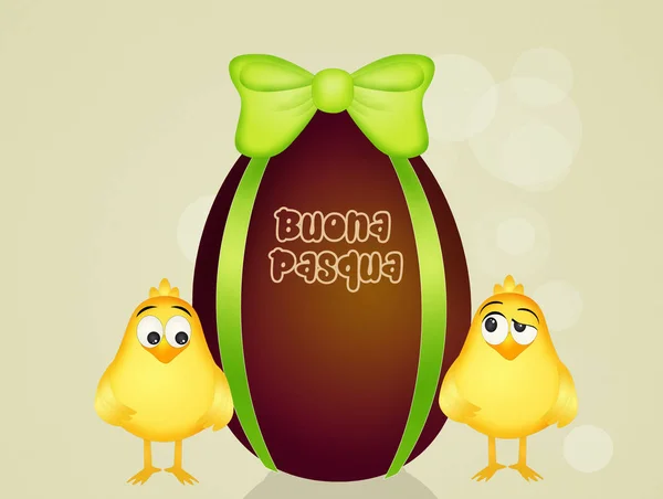 Pulcini con uovo di cioccolato pasquale — Foto Stock