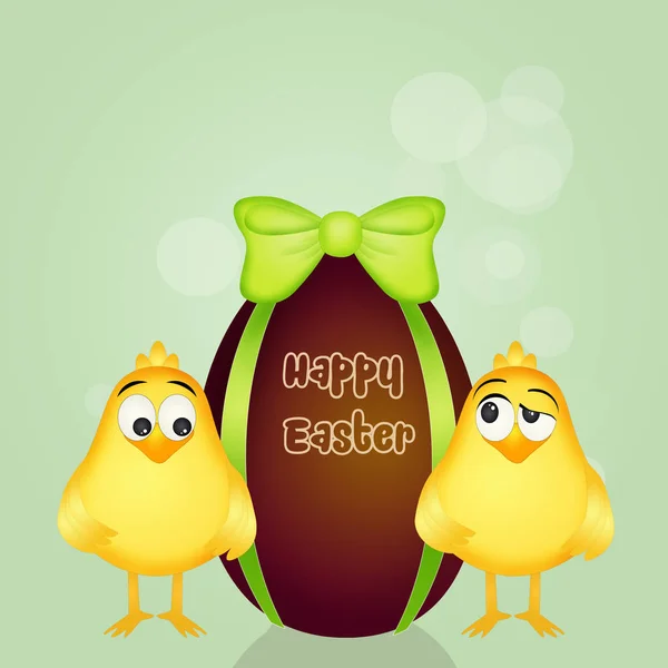 Chicks met chocolade Paasei — Stockfoto