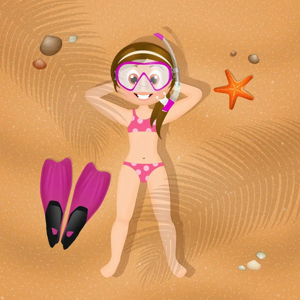 Tüplü maske sahilde kızla — Stok fotoğraf