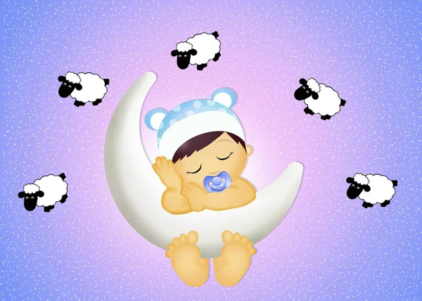 Baby sleeping on the moon — Stock Photo, Image