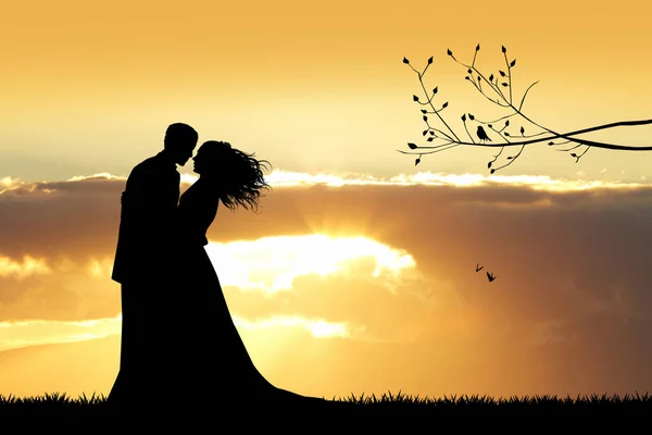 Bride and groom kissing at sunset — Stock Photo, Image