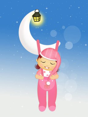 ay üzerinde uyuyan asılı bebek