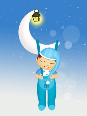 ay üzerinde uyuyan asılı bebek