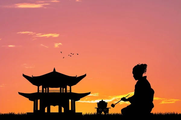 Cerimônia de chá japonês ao pôr do sol — Fotografia de Stock