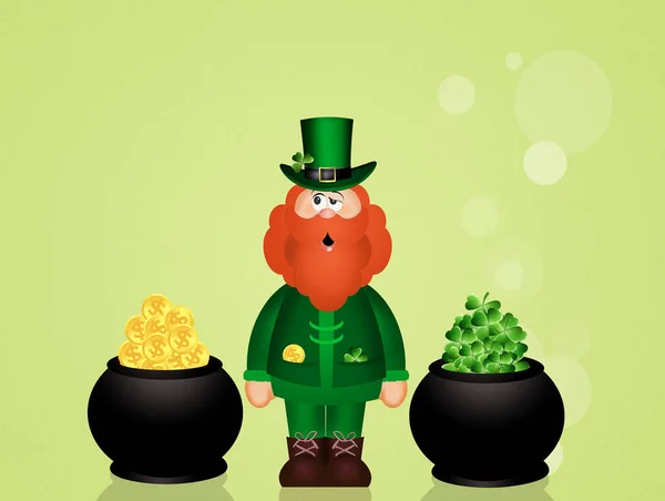 Hombre con barba roja con cuatro hojas y monedas en maceta —  Fotos de Stock